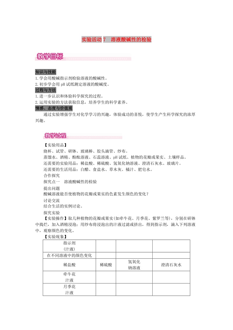 2019春九年级化学下册 第十单元 酸和碱 实验活动7 溶液酸碱性的检验教案 （新版）新人教版.doc_第1页