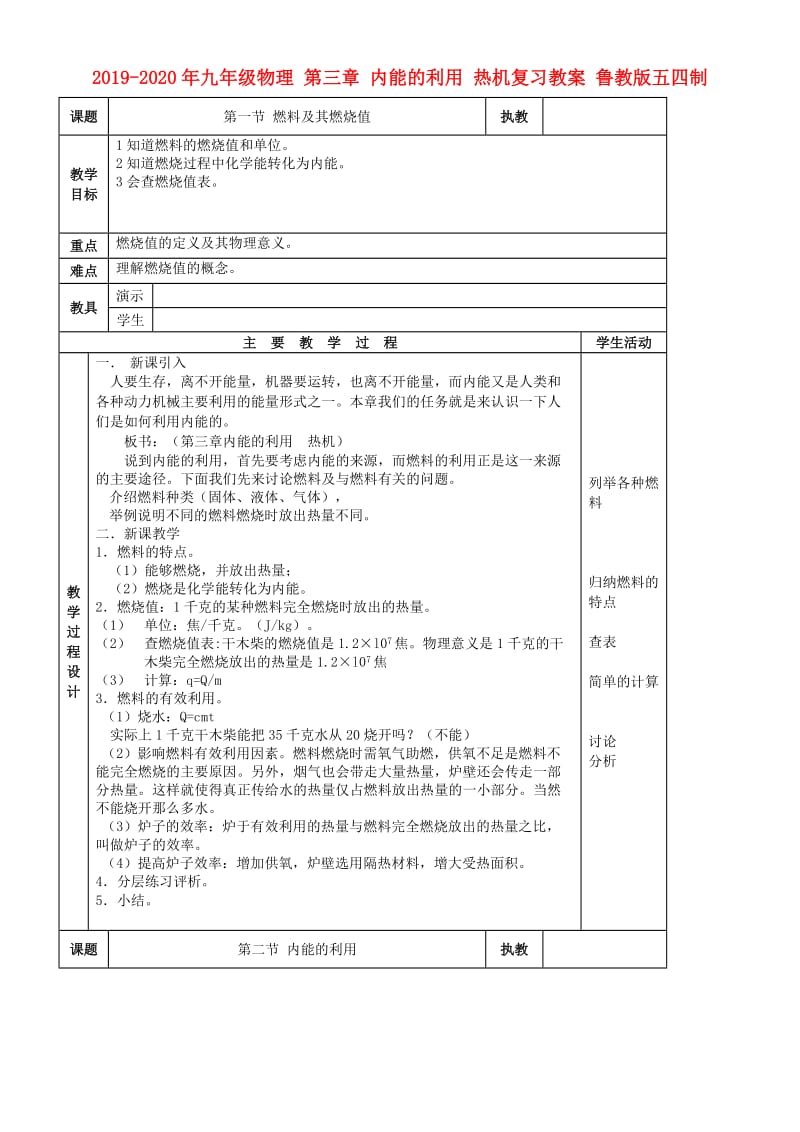 2019-2020年九年级物理 第三章 内能的利用 热机复习教案 鲁教版五四制.doc_第1页