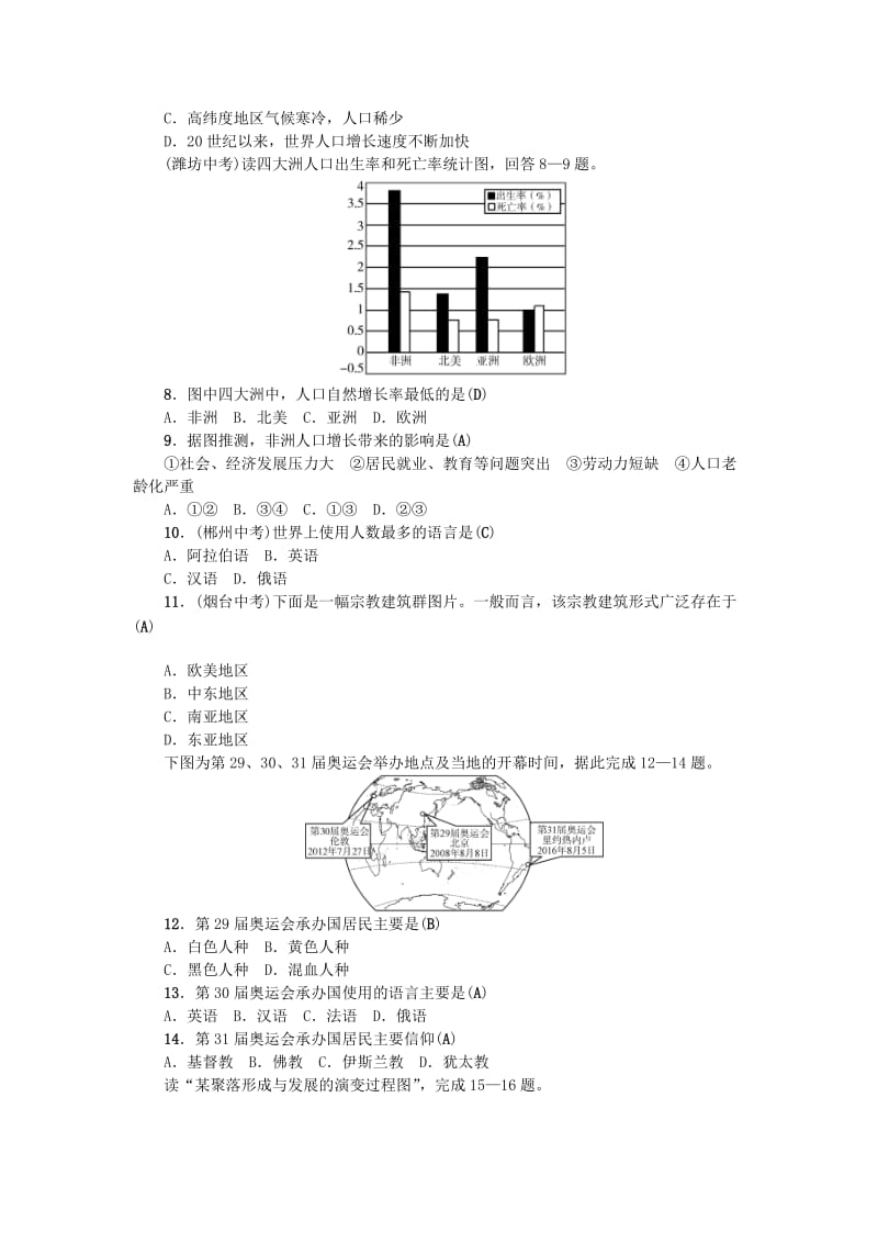 全国通用版2019年中考地理七年级部分第4章居民与聚落发展与合作复习练习.doc_第2页