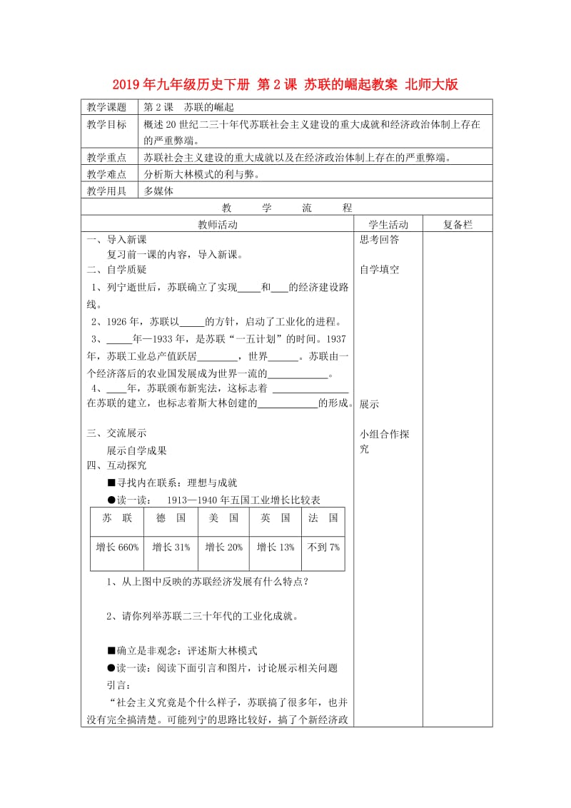 2019年九年级历史下册 第2课 苏联的崛起教案 北师大版.doc_第1页