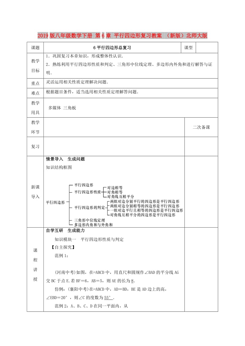 2019版八年级数学下册 第6章 平行四边形复习教案 （新版）北师大版.doc_第1页