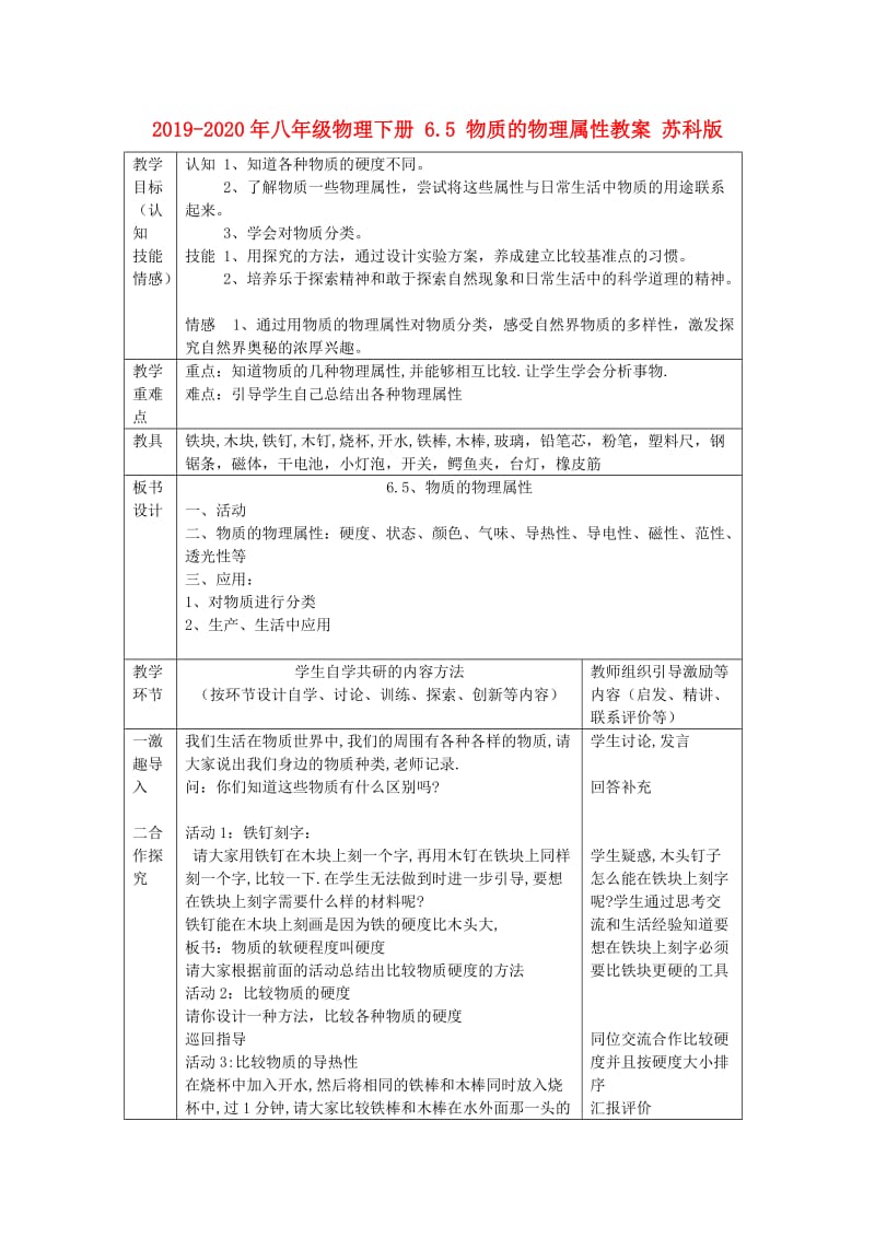 2019-2020年八年级物理下册 6.5 物质的物理属性教案 苏科版.doc_第1页