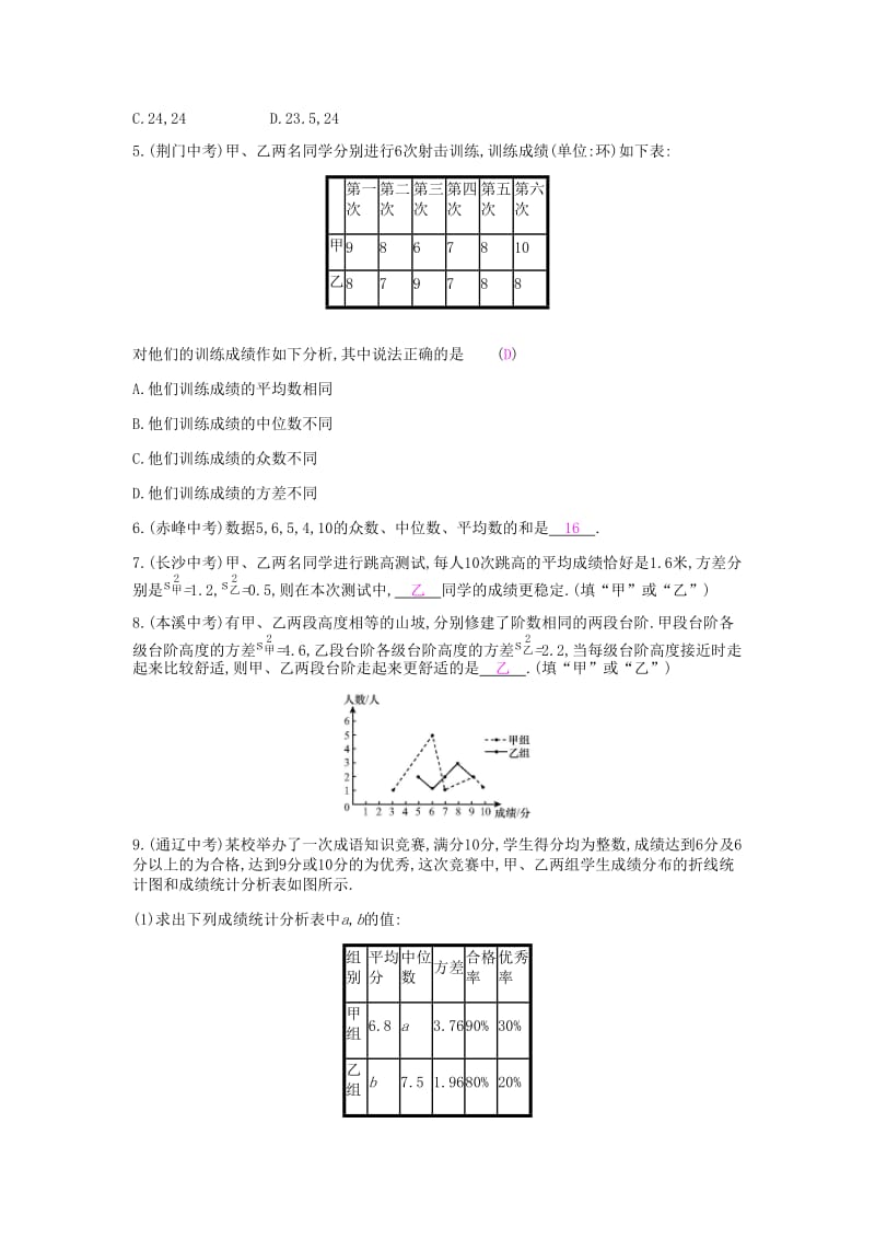 2019年春八年级数学下册第二十章数据的分析本章中考演练课时作业 新人教版.doc_第2页