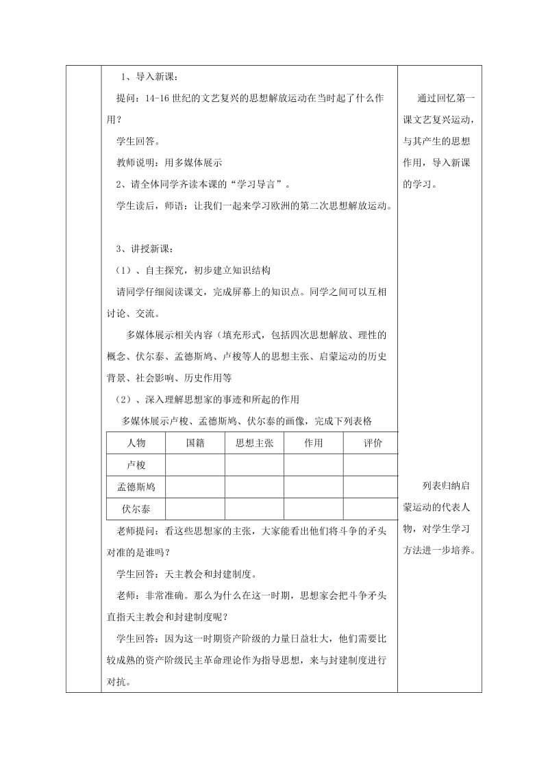 2019-2020年九年级历史上册 第四单元 第22课 引领时代的思考教学设计 北师大版.doc_第3页