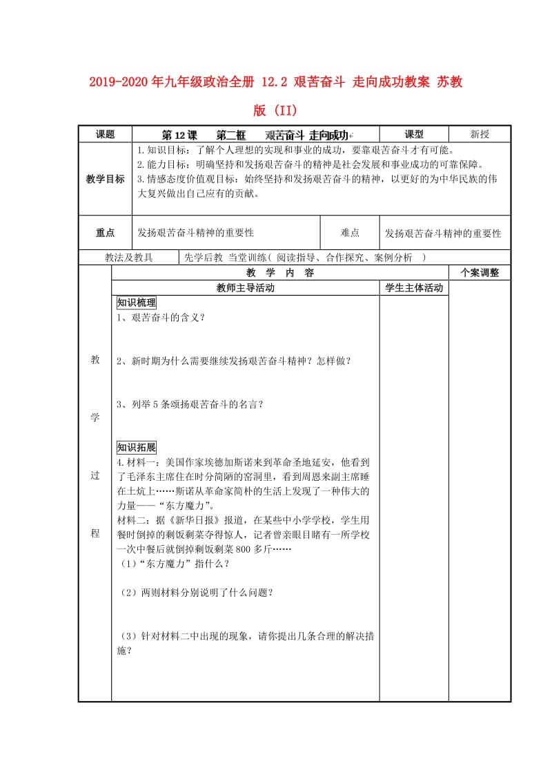 2019-2020年九年级政治全册 12.2 艰苦奋斗 走向成功教案 苏教版 (II).doc_第1页