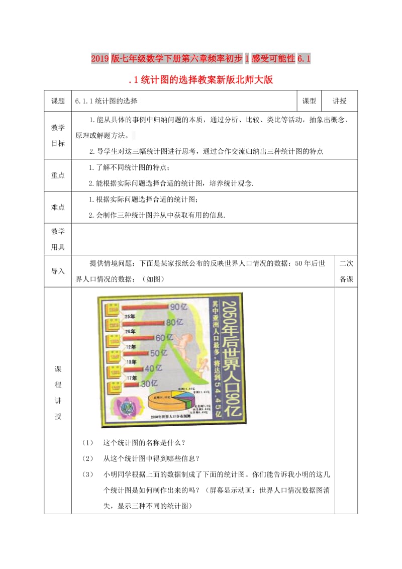 2019版七年级数学下册第六章频率初步1感受可能性6.1.1统计图的选择教案新版北师大版.doc_第1页