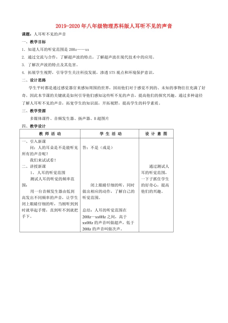 2019-2020年八年级物理苏科版人耳听不见的声音.doc_第1页