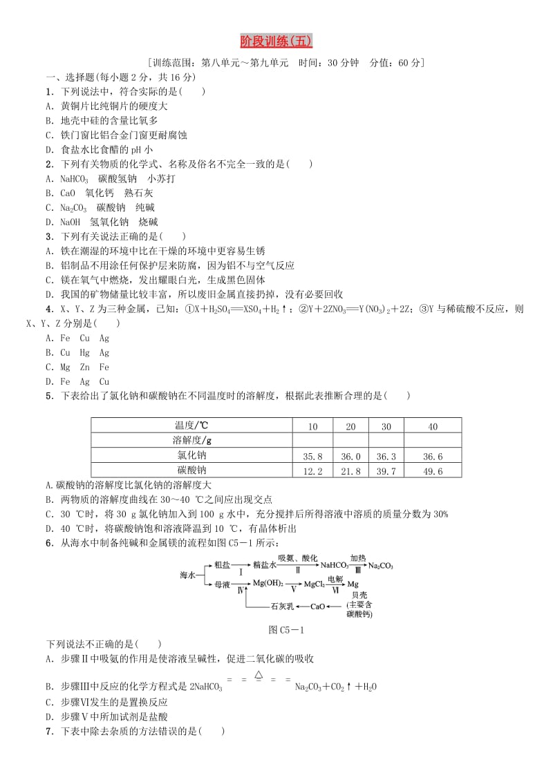 中考化学复习方案 阶段训练（五）练习 （新版）鲁教版.doc_第1页