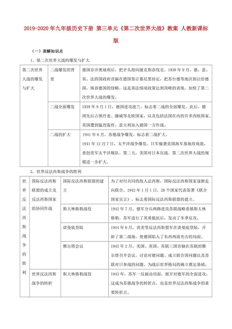 2019-2020年九年级历史下册 第三单元《第二次世界大战》教案 人教新课标版.doc_第1页