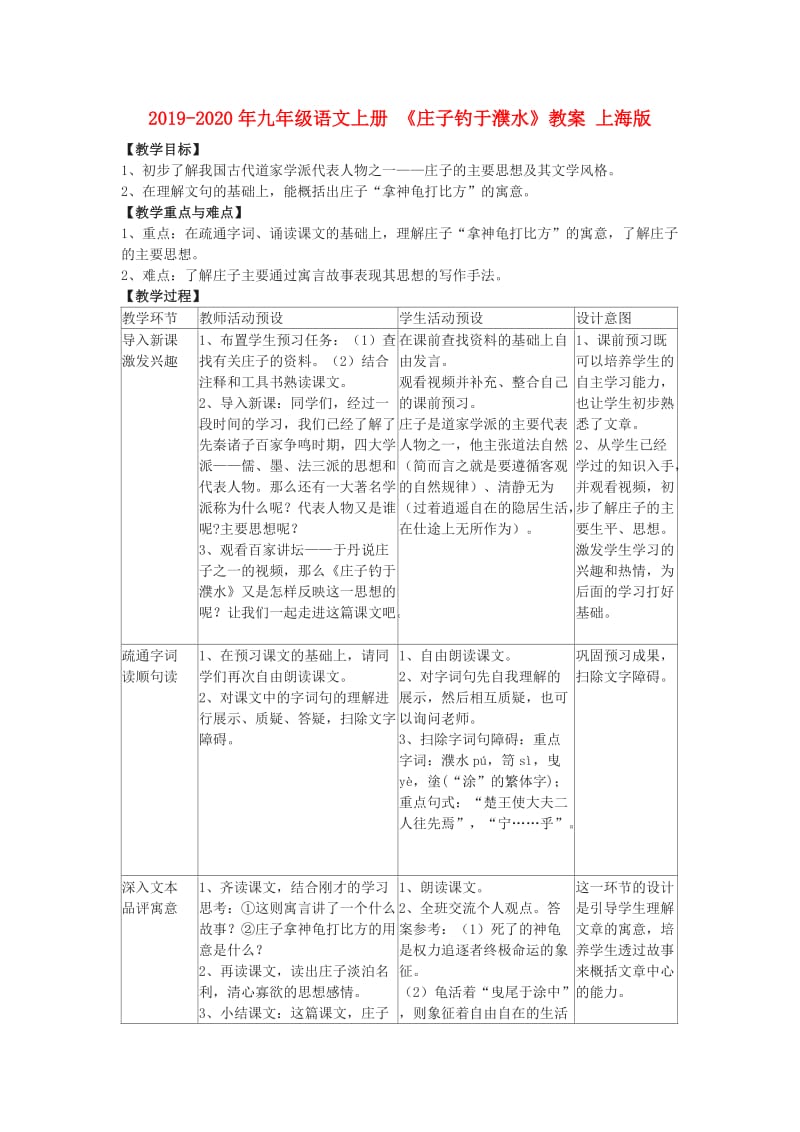 2019-2020年九年级语文上册 《庄子钓于濮水》教案 上海版.doc_第1页