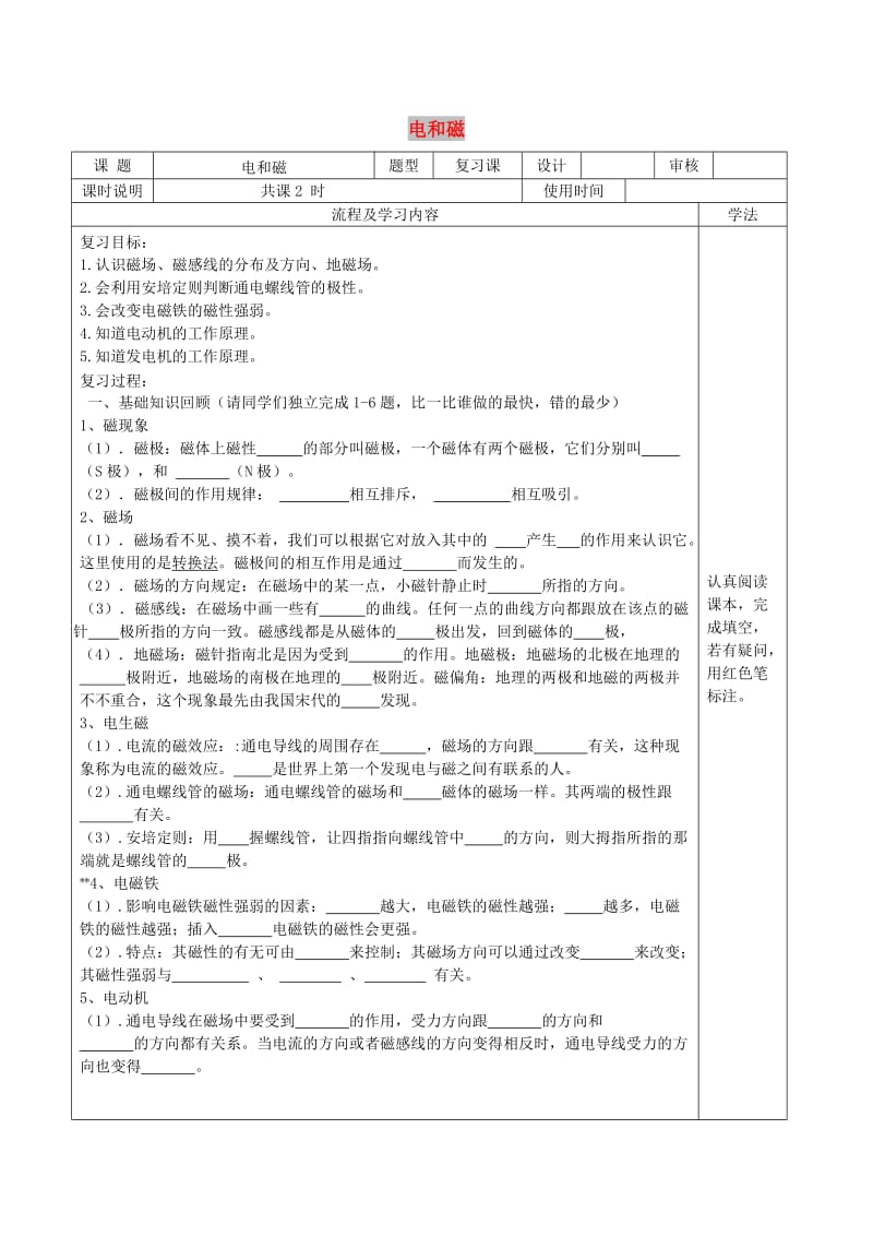 九年级物理全册第二十章电与磁复习导学案无答案 新人教版.doc_第1页