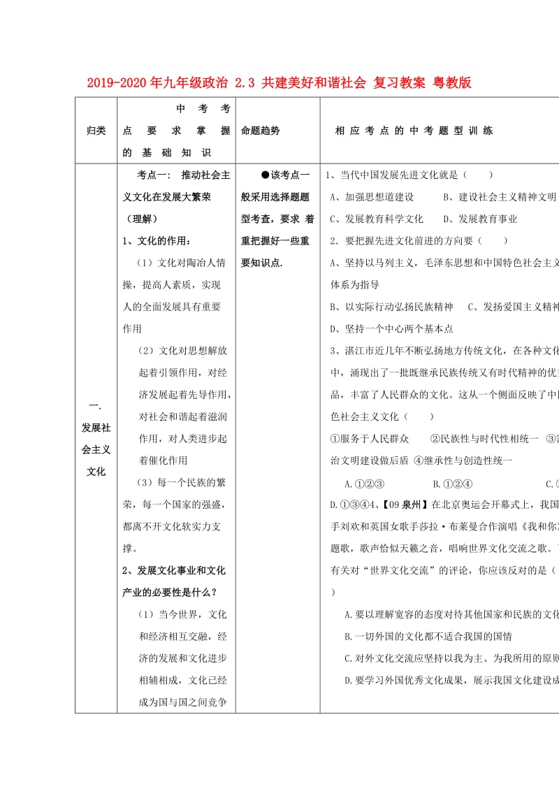 2019-2020年九年级政治 2.3 共建美好和谐社会 复习教案 粤教版.doc_第1页