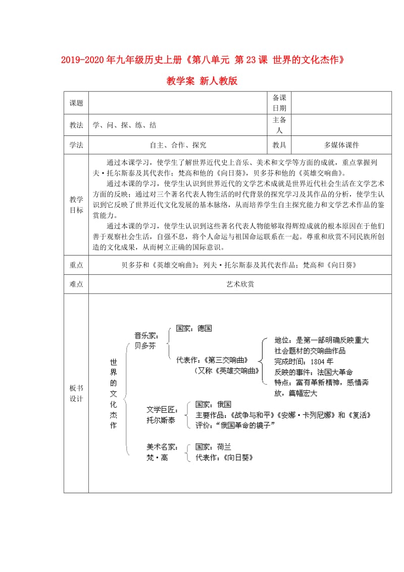 2019-2020年九年级历史上册《第八单元 第23课 世界的文化杰作》教学案 新人教版.doc_第1页