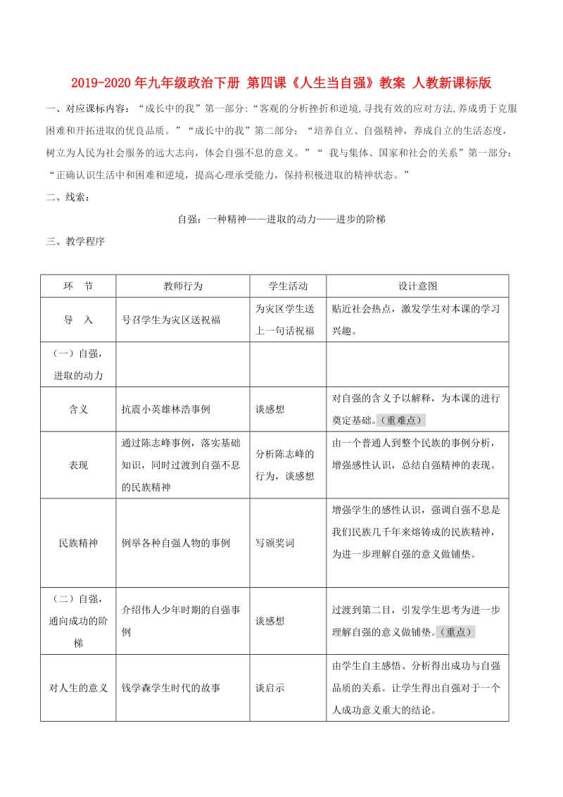 2019-2020年九年级政治下册 第四课《人生当自强》教案 人教新课标版.doc_第1页