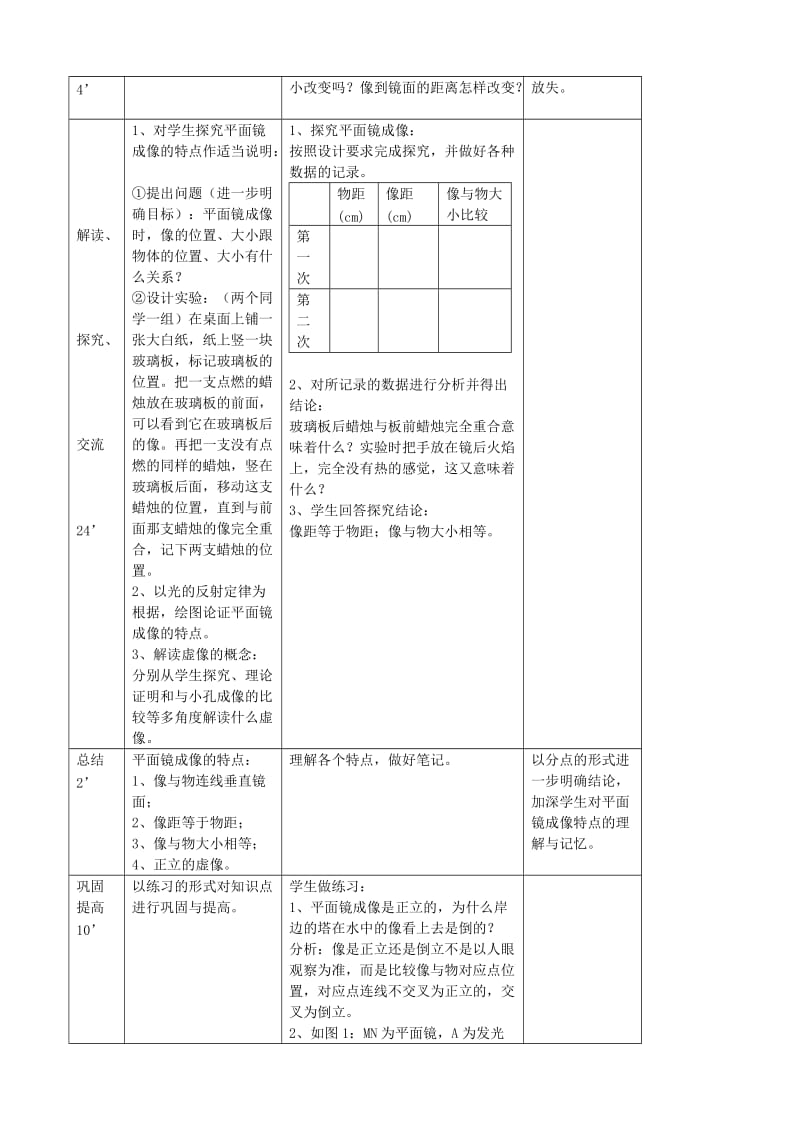 2019-2020年八年级物理上册《平面镜成像》教学设计 人教新课标版.doc_第2页