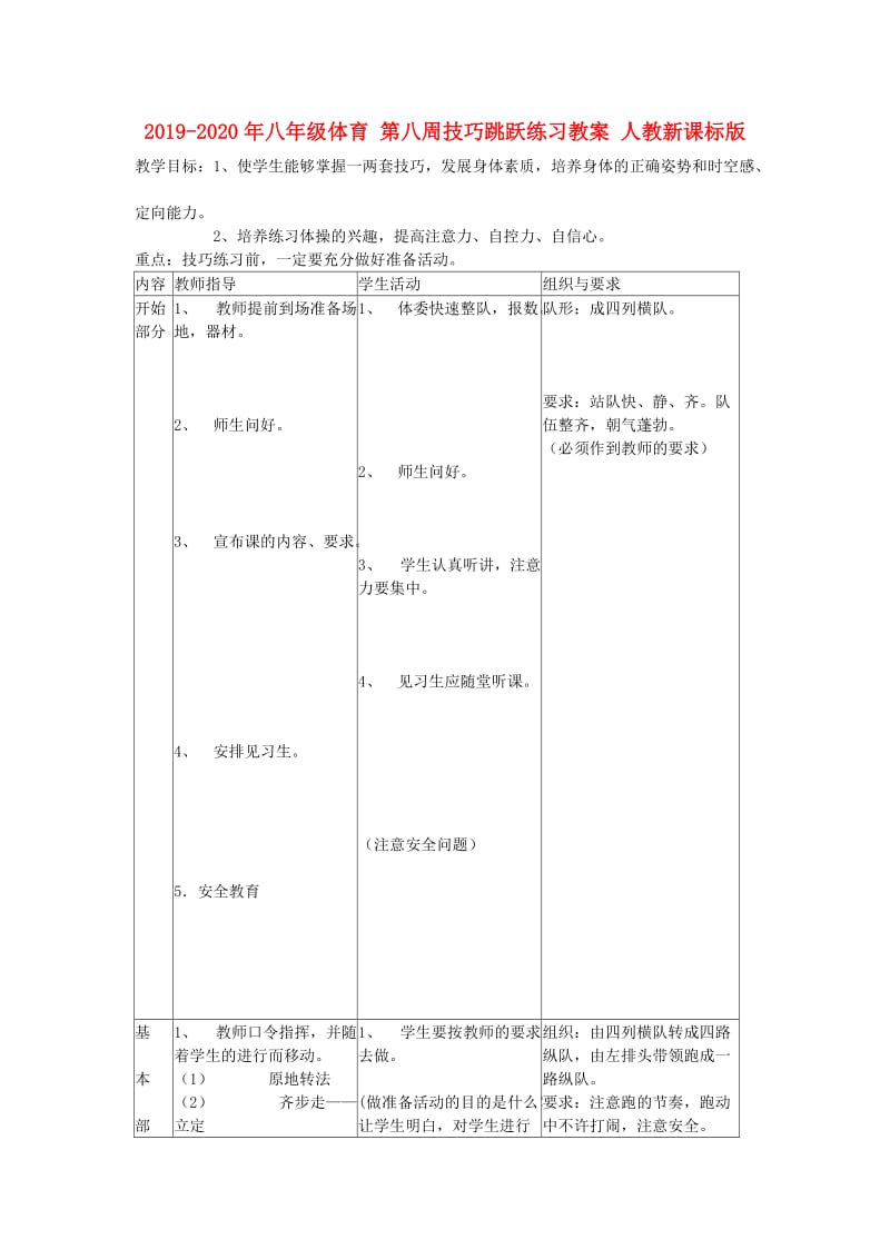 2019-2020年八年级体育 第八周技巧跳跃练习教案 人教新课标版.doc_第1页