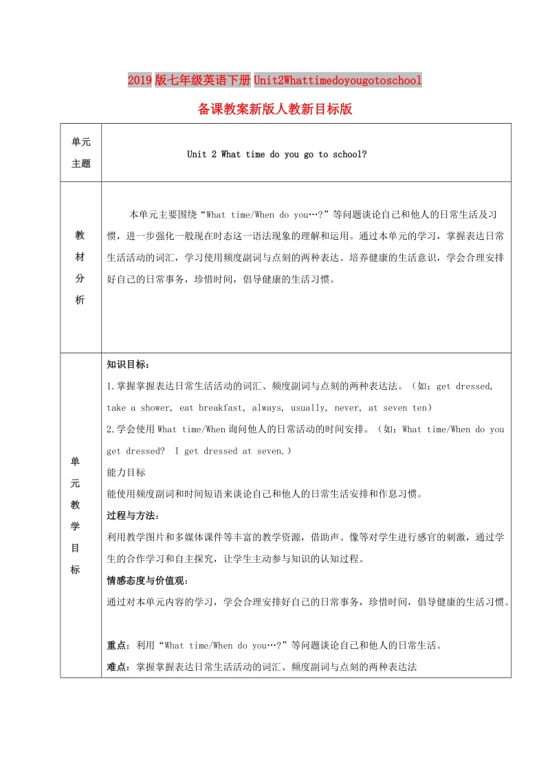 2019版七年级英语下册Unit2Whattimedoyougotoschool备课教案新版人教新目标版.doc_第1页