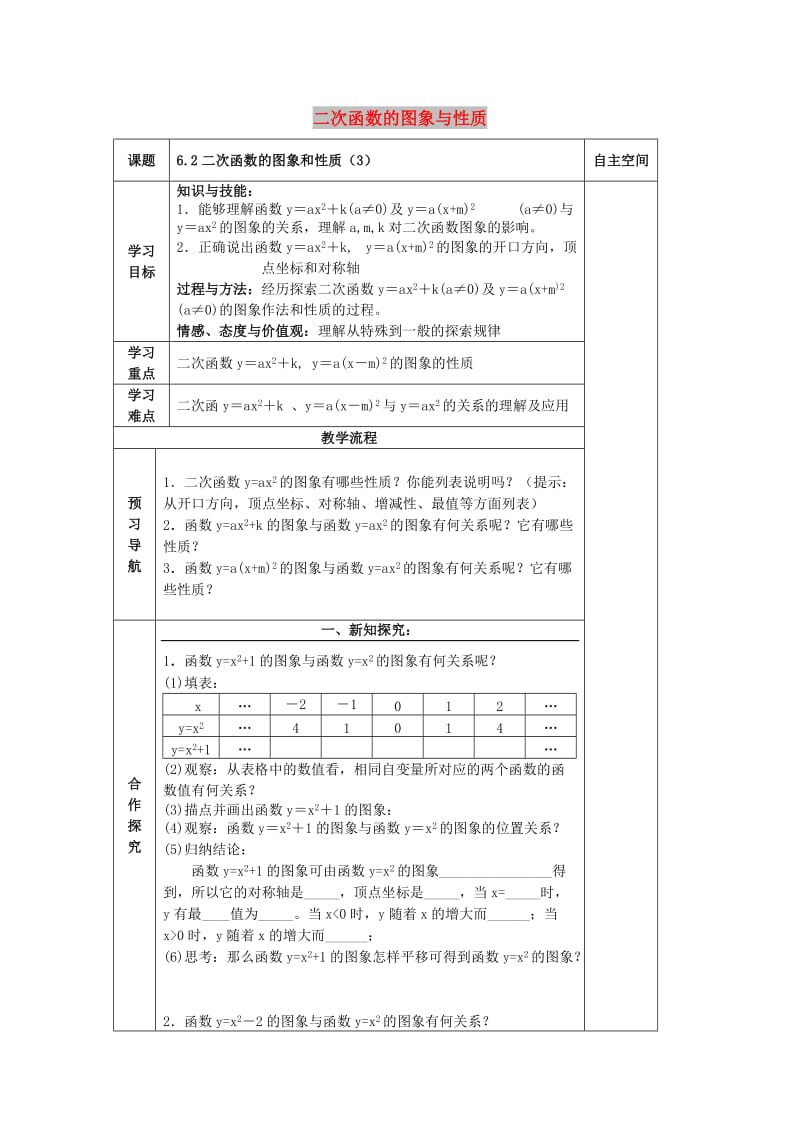 九年级数学下册 第6章 二次函数 6.2 二次函数的图象和性质（3）导学案 苏科版.doc_第1页