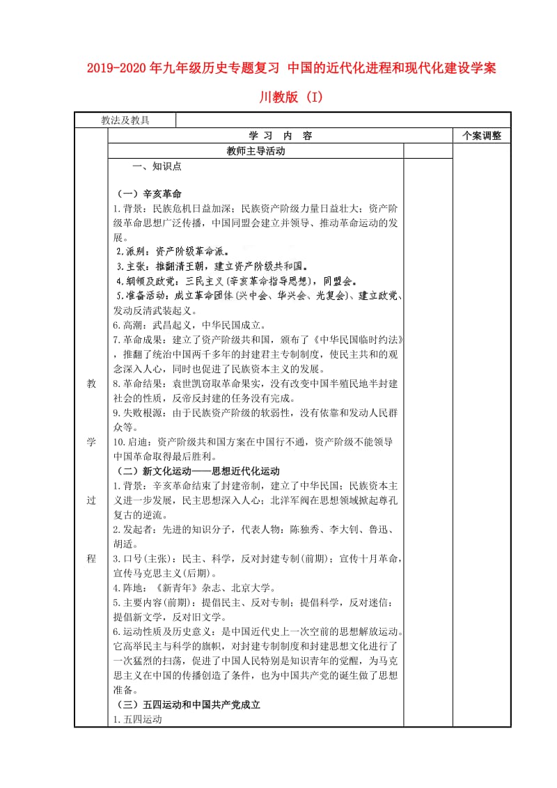 2019-2020年九年级历史专题复习 中国的近代化进程和现代化建设学案 川教版 (I).doc_第1页