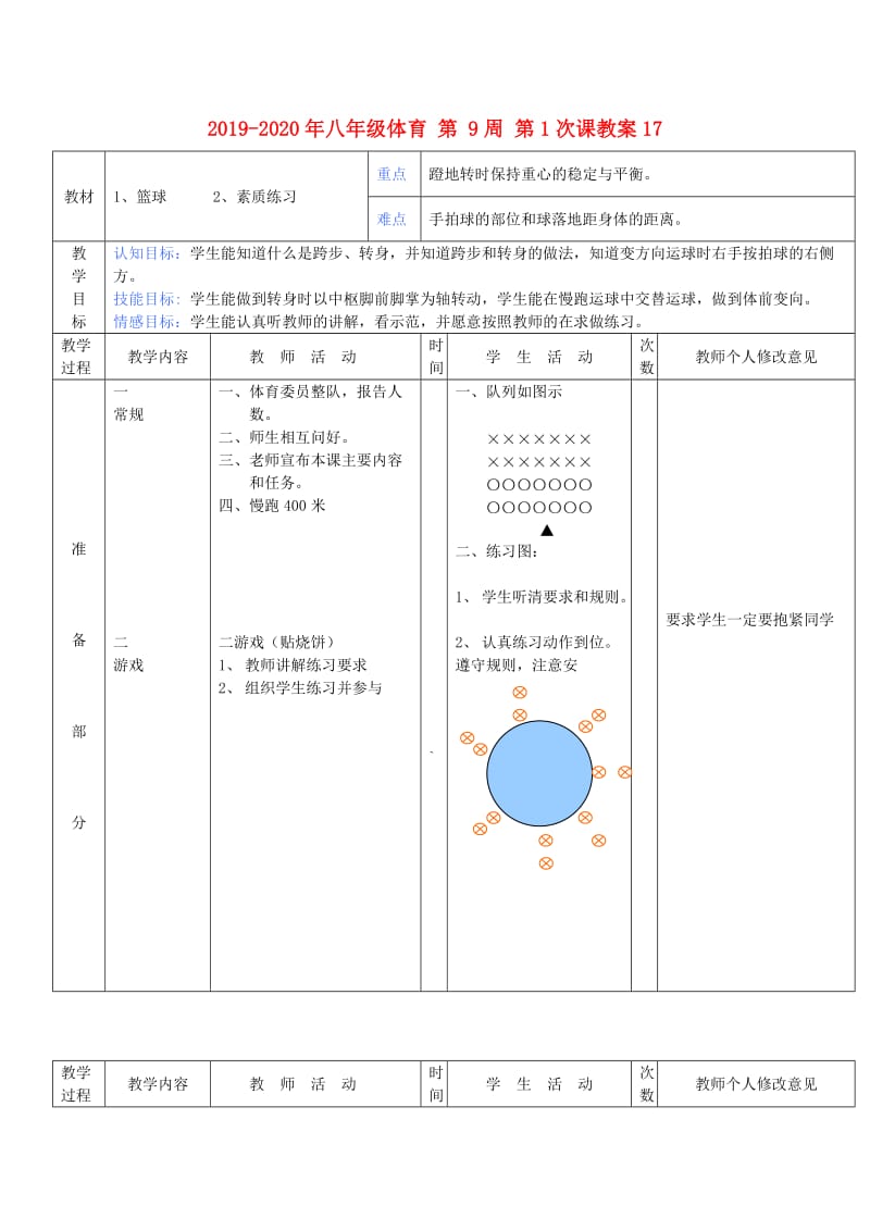 2019-2020年八年级体育 第 9周 第1次课教案17.doc_第1页