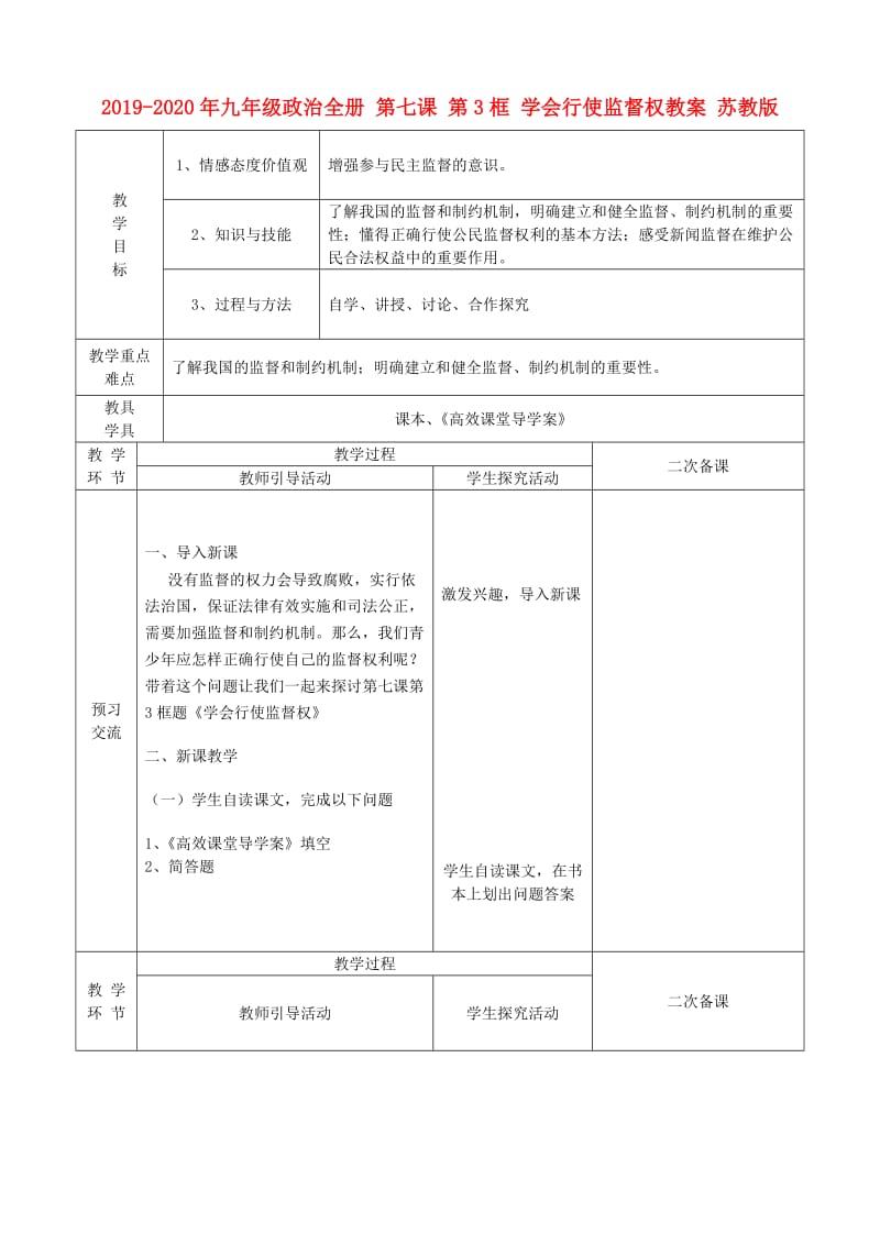 2019-2020年九年级政治全册 第七课 第3框 学会行使监督权教案 苏教版.doc_第1页