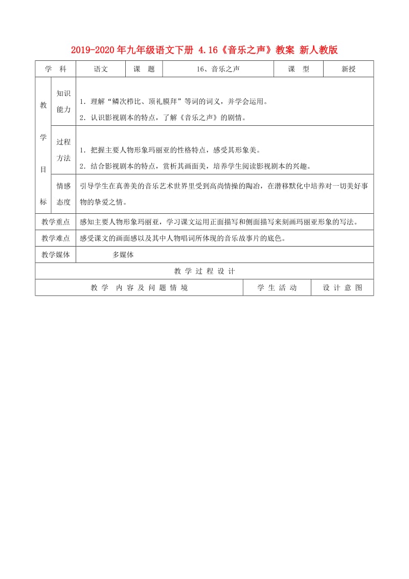 2019-2020年九年级语文下册 4.16《音乐之声》教案 新人教版.doc_第1页