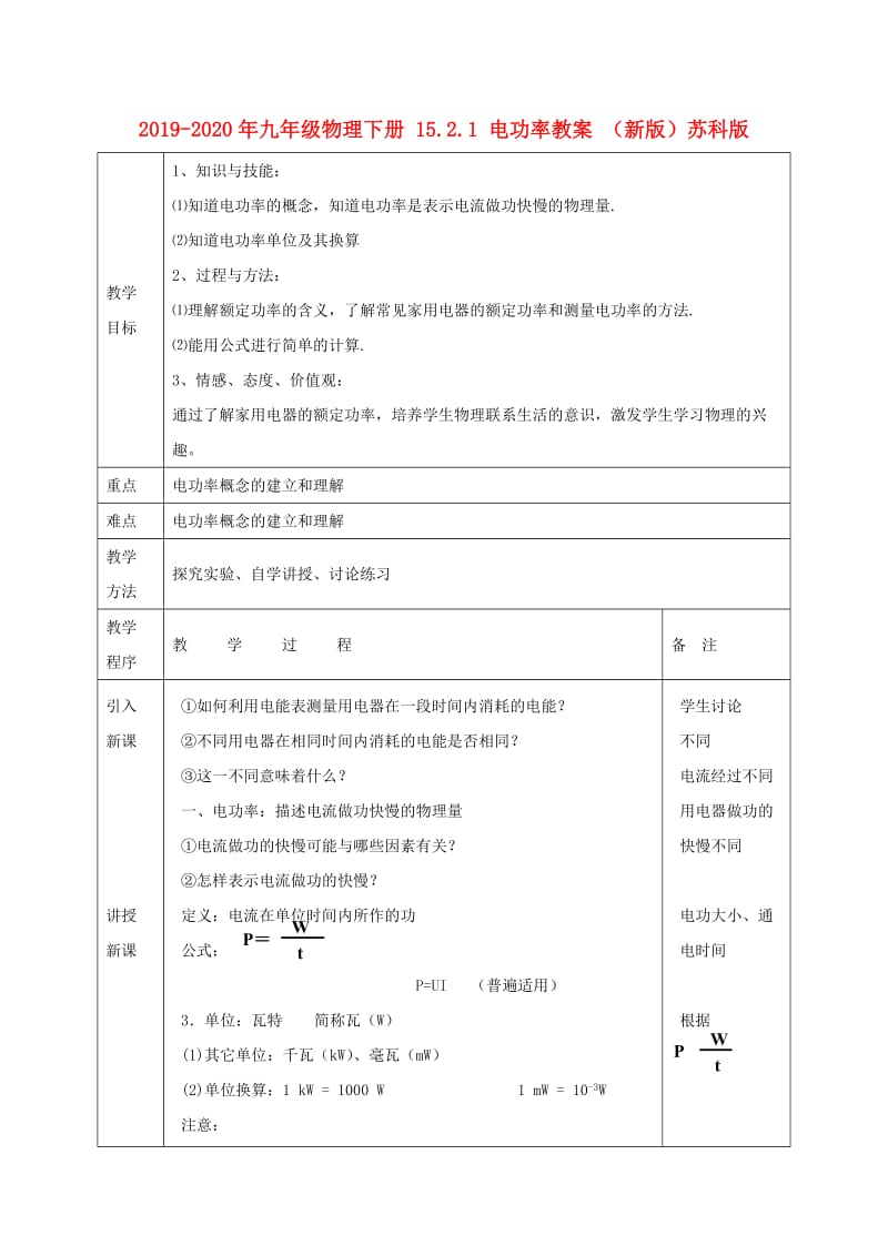 2019-2020年九年级物理下册 15.2.1 电功率教案 （新版）苏科版.doc_第1页