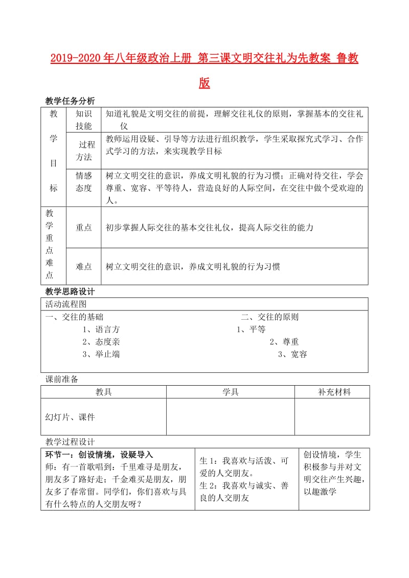 2019-2020年八年级政治上册 第三课文明交往礼为先教案 鲁教版.doc_第1页