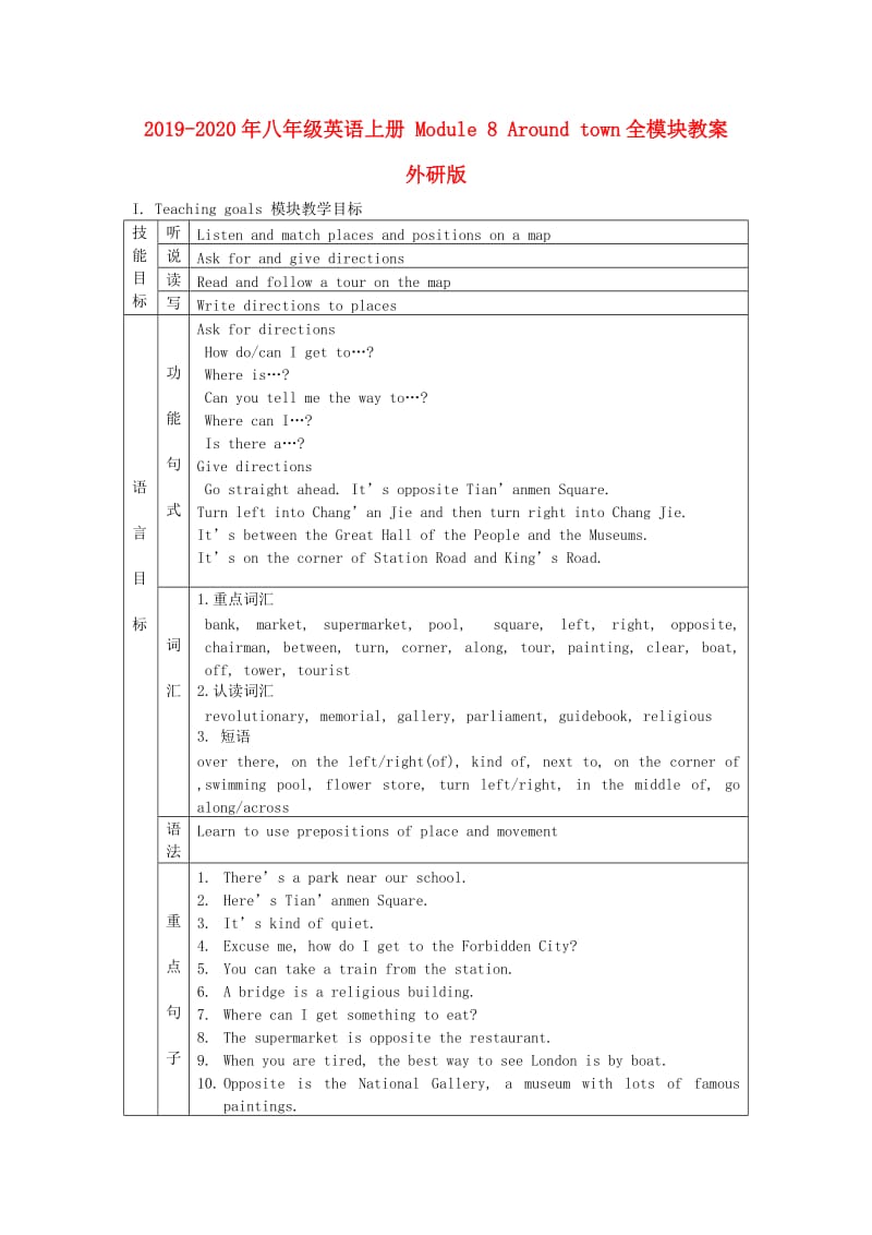 2019-2020年八年级英语上册 Module 8 Around town全模块教案 外研版.doc_第1页