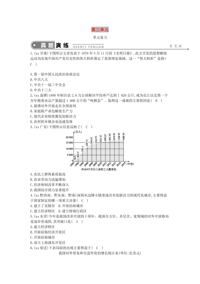 2019年春八年级历史下册 第三单元 中国特色社会主义道路单元复习练习 新人教版.doc_第1页