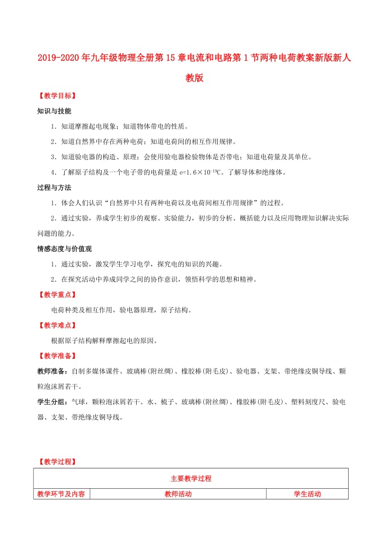 2019-2020年九年级物理全册第15章电流和电路第1节两种电荷教案新版新人教版 .doc_第1页