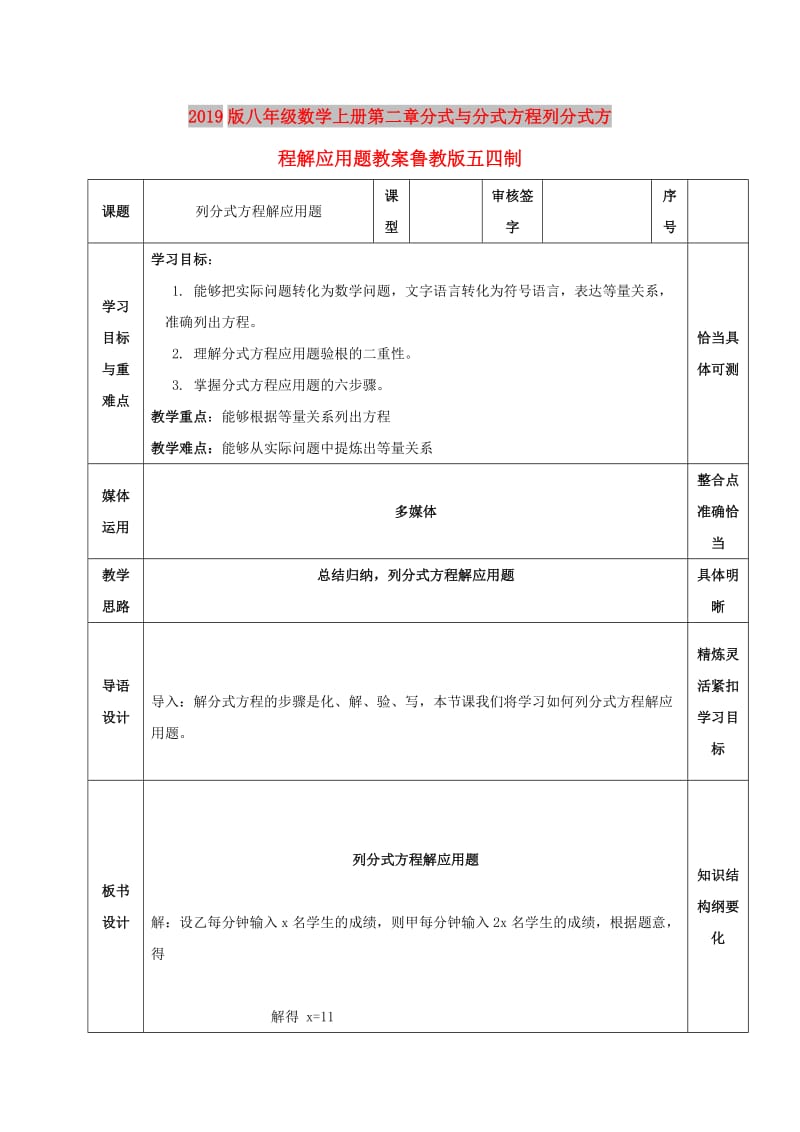 2019版八年级数学上册第二章分式与分式方程列分式方程解应用题教案鲁教版五四制.doc_第1页