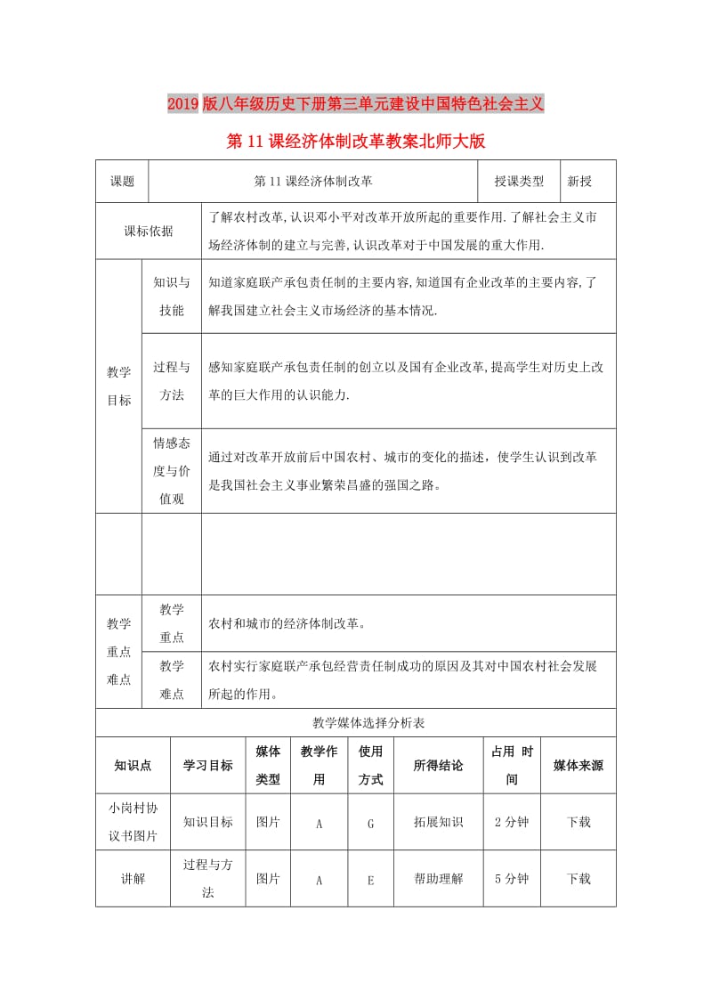 2019版八年级历史下册第三单元建设中国特色社会主义第11课经济体制改革教案北师大版.doc_第1页