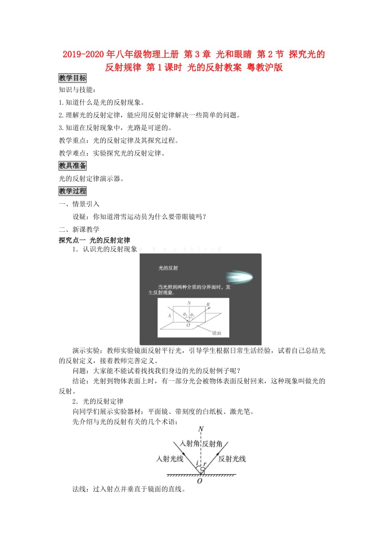 2019-2020年八年级物理上册 第3章 光和眼睛 第2节 探究光的反射规律 第1课时 光的反射教案 粤教沪版.doc_第1页