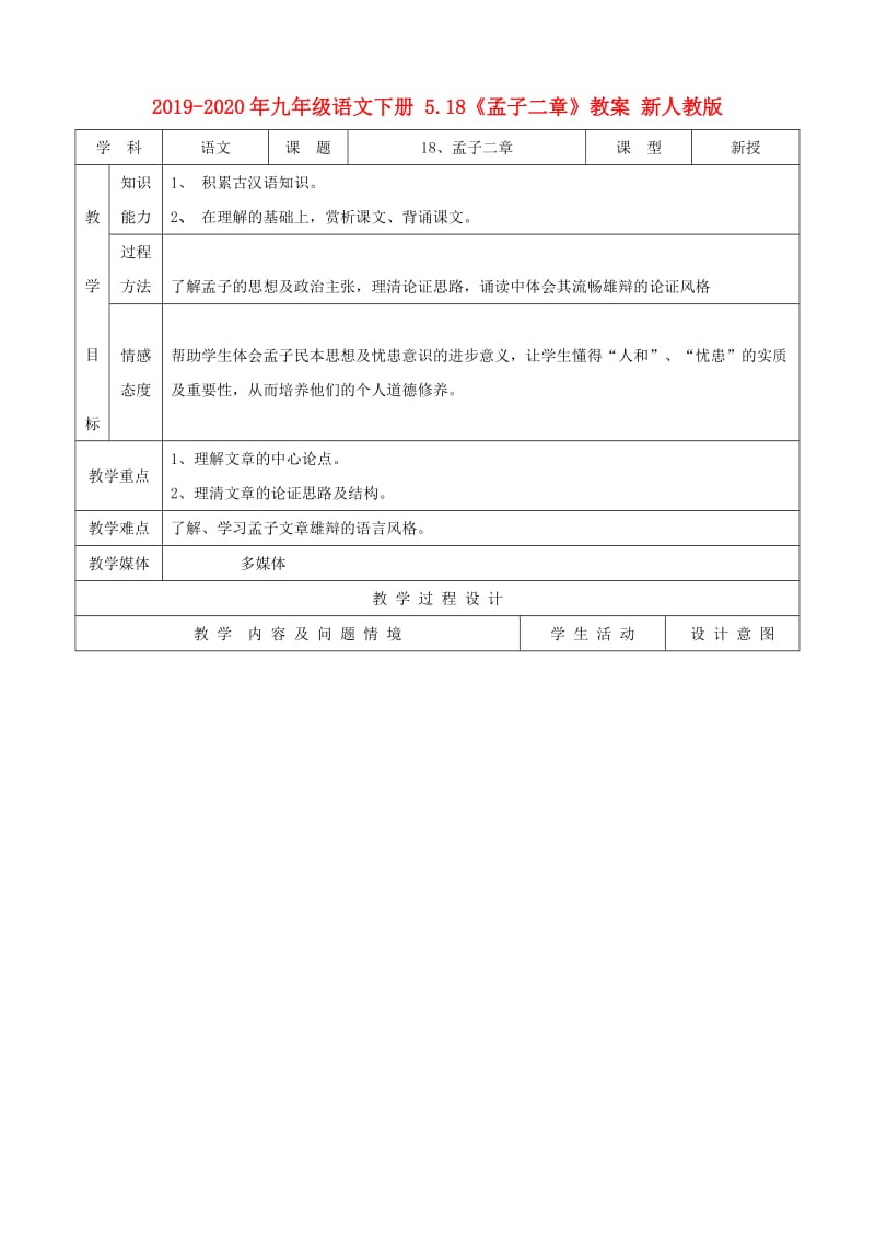 2019-2020年九年级语文下册 5.18《孟子二章》教案 新人教版.doc_第1页