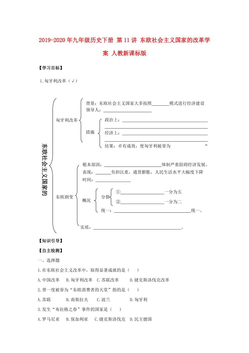 2019-2020年九年级历史下册 第11讲 东欧社会主义国家的改革学案 人教新课标版.doc_第1页