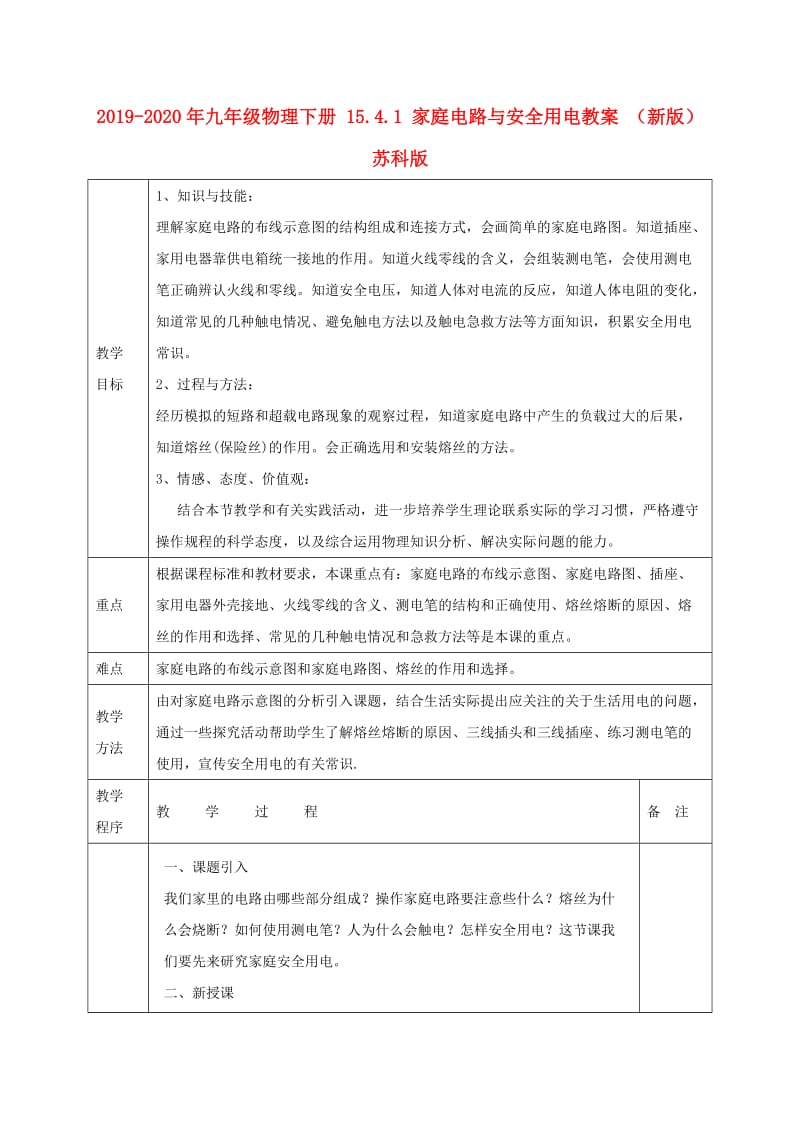 2019-2020年九年级物理下册 15.4.1 家庭电路与安全用电教案 （新版）苏科版.doc_第1页