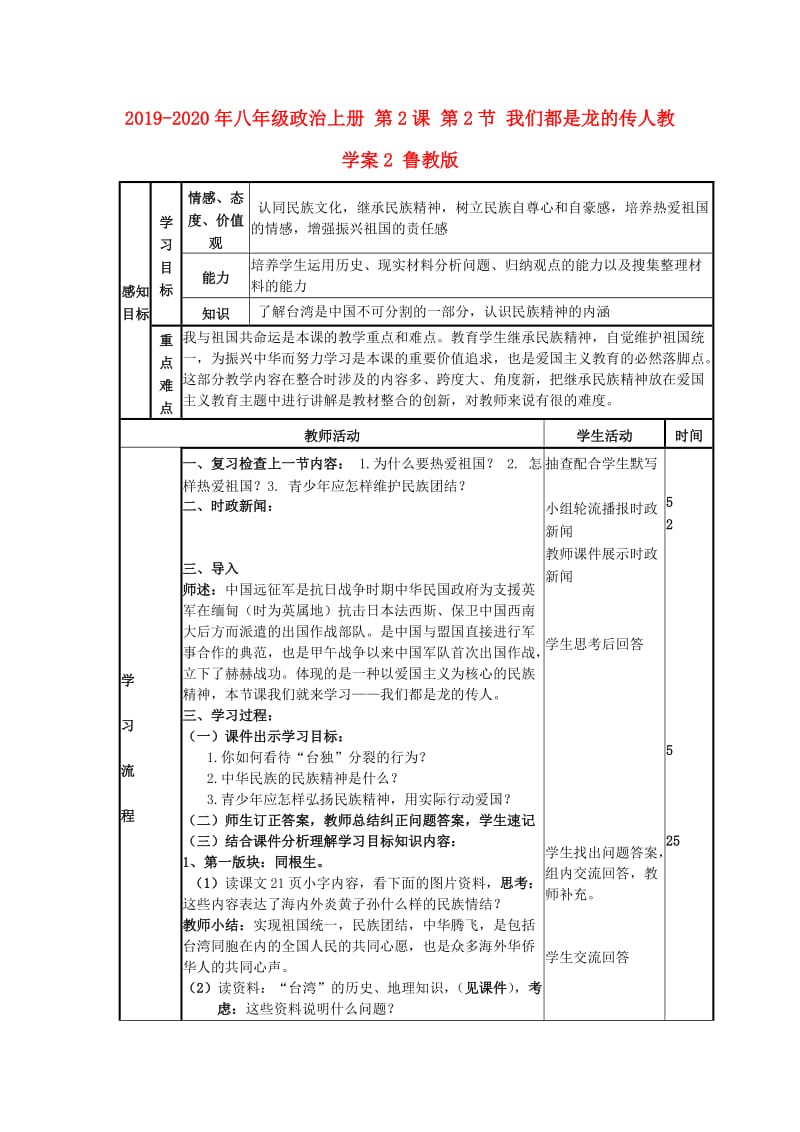 2019-2020年八年级政治上册 第2课 第2节 我们都是龙的传人教学案2 鲁教版.doc_第1页