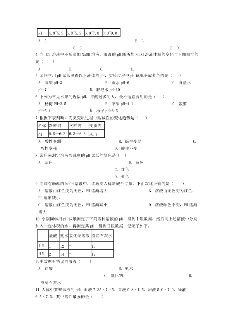 2019中考化学专题练习 溶液的酸碱性与PH值的关系（含解析）.doc_第2页