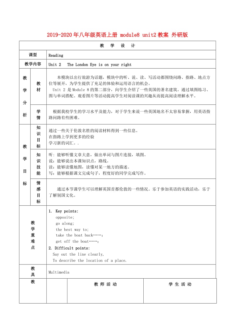 2019-2020年八年级英语上册 module8 unit2教案 外研版.doc_第1页