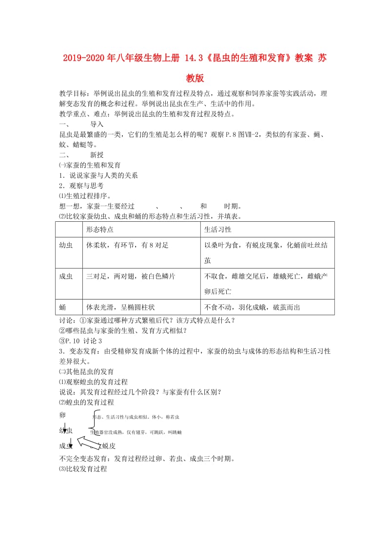 2019-2020年八年级生物上册 14.3《昆虫的生殖和发育》教案 苏教版.doc_第1页