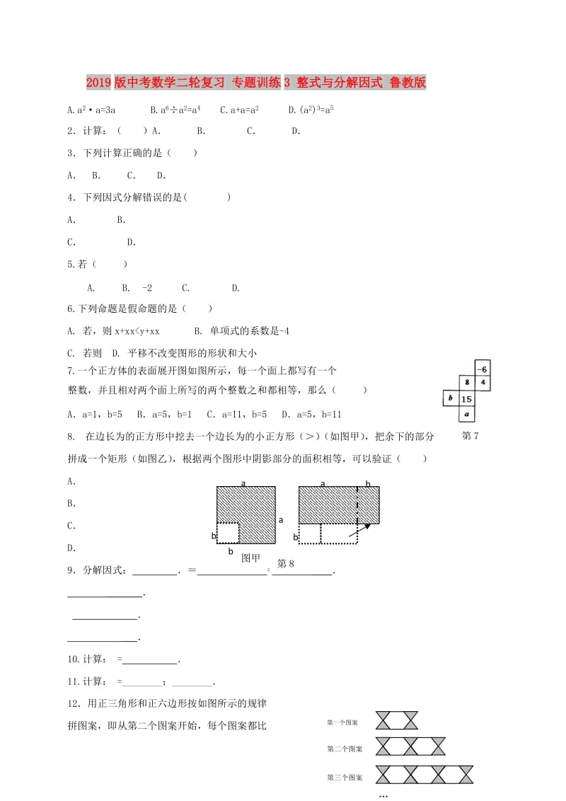 2019版中考数学二轮复习 专题训练3 整式与分解因式 鲁教版.doc_第1页