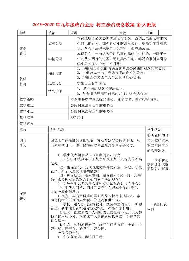 2019-2020年九年级政治全册 树立法治观念教案 新人教版.doc_第1页