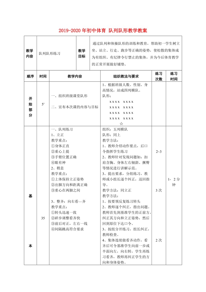 2019-2020年初中体育 队列队形教学教案.doc_第1页