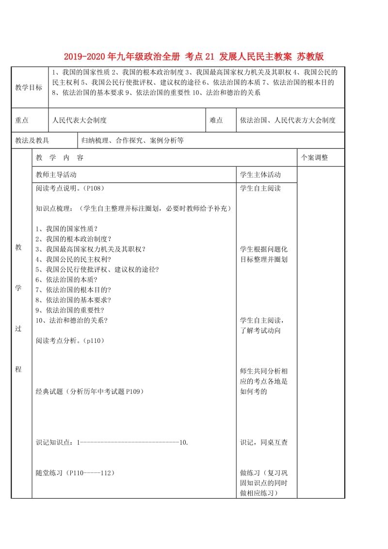 2019-2020年九年级政治全册 考点21 发展人民民主教案 苏教版.doc_第1页