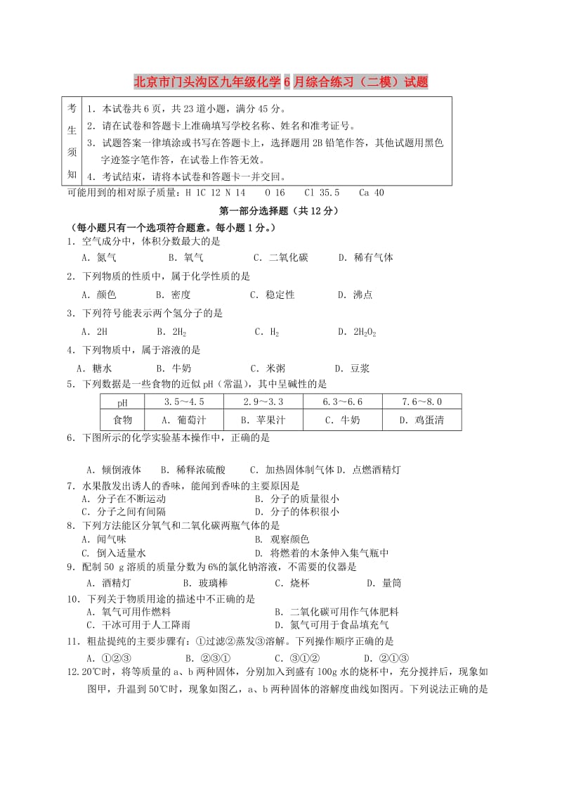 北京市门头沟区九年级化学6月综合练习（二模）试题.doc_第1页