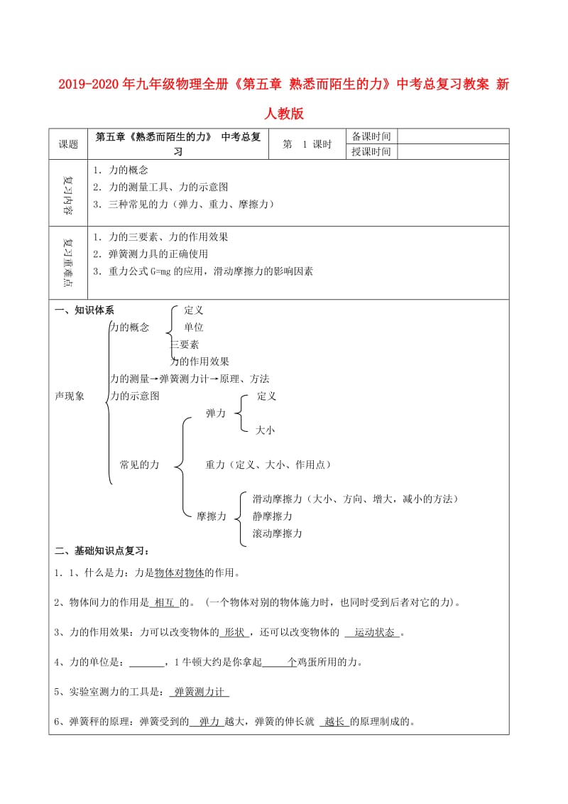 2019-2020年九年级物理全册《第五章 熟悉而陌生的力》中考总复习教案 新人教版.doc_第1页