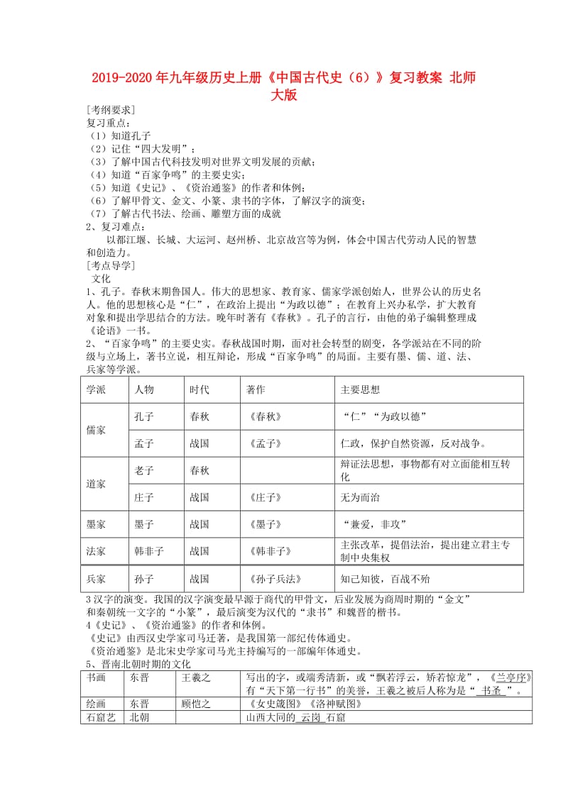 2019-2020年九年级历史上册《中国古代史（6）》复习教案 北师大版.doc_第1页