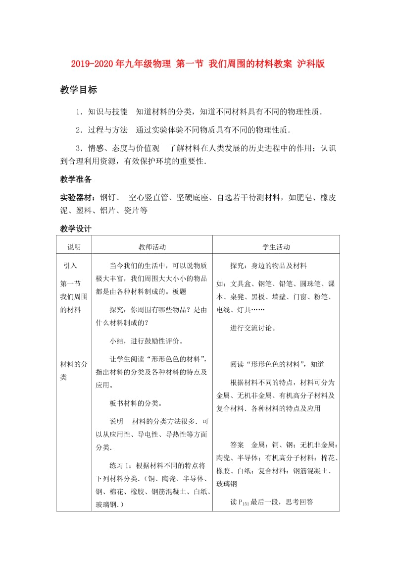 2019-2020年九年级物理 第一节 我们周围的材料教案 沪科版.doc_第1页