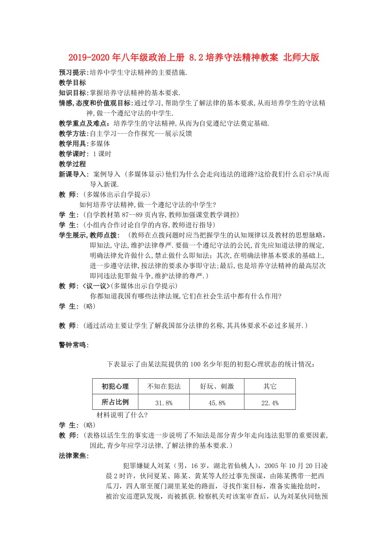 2019-2020年八年级政治上册 8.2培养守法精神教案 北师大版.doc_第1页